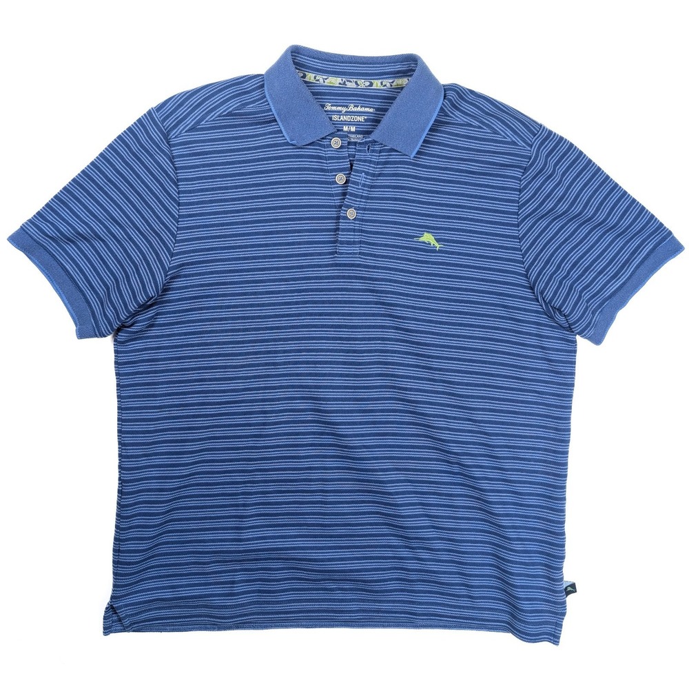 Tommy Bahama Island Zone Blue Striped 1/4 Button Short Sleeve Polo Men's Size M
